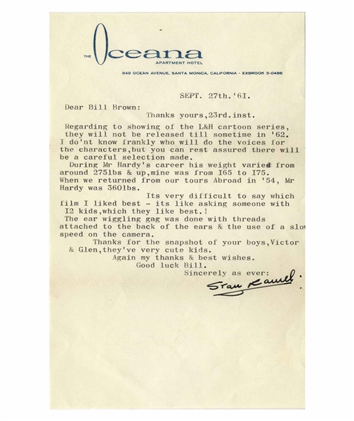 Stan Laurel Letter Signed With His Full Signature, ''Stan Laurel'' -- ''...Its very difficult to say which film I liked best - its like asking someone with I2 kids, which they like best!...''